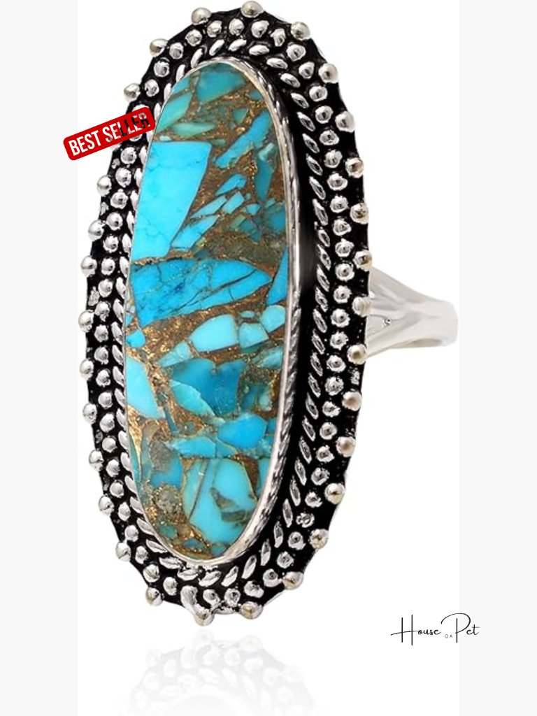 Handmade 925 Sterling Silver Turquoise Ring, Long Oval Statement Ring, Boho Size